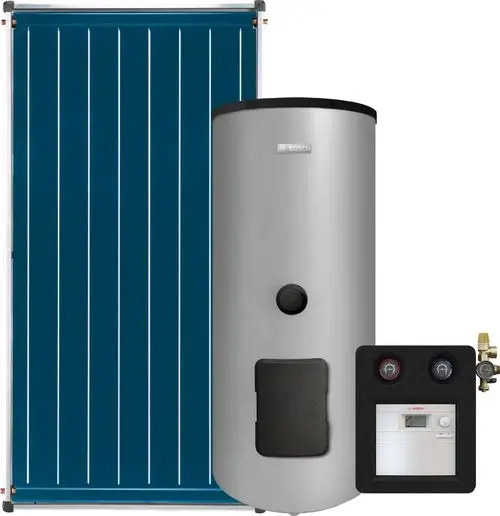 Solarthermie-Kollektor in blau mit vertikalen Streifen, daneben ein silberner Warmwasserspeicher von Bosch und ein Steuergerät mit Druckanzeigen in schwarzem Rahmen.